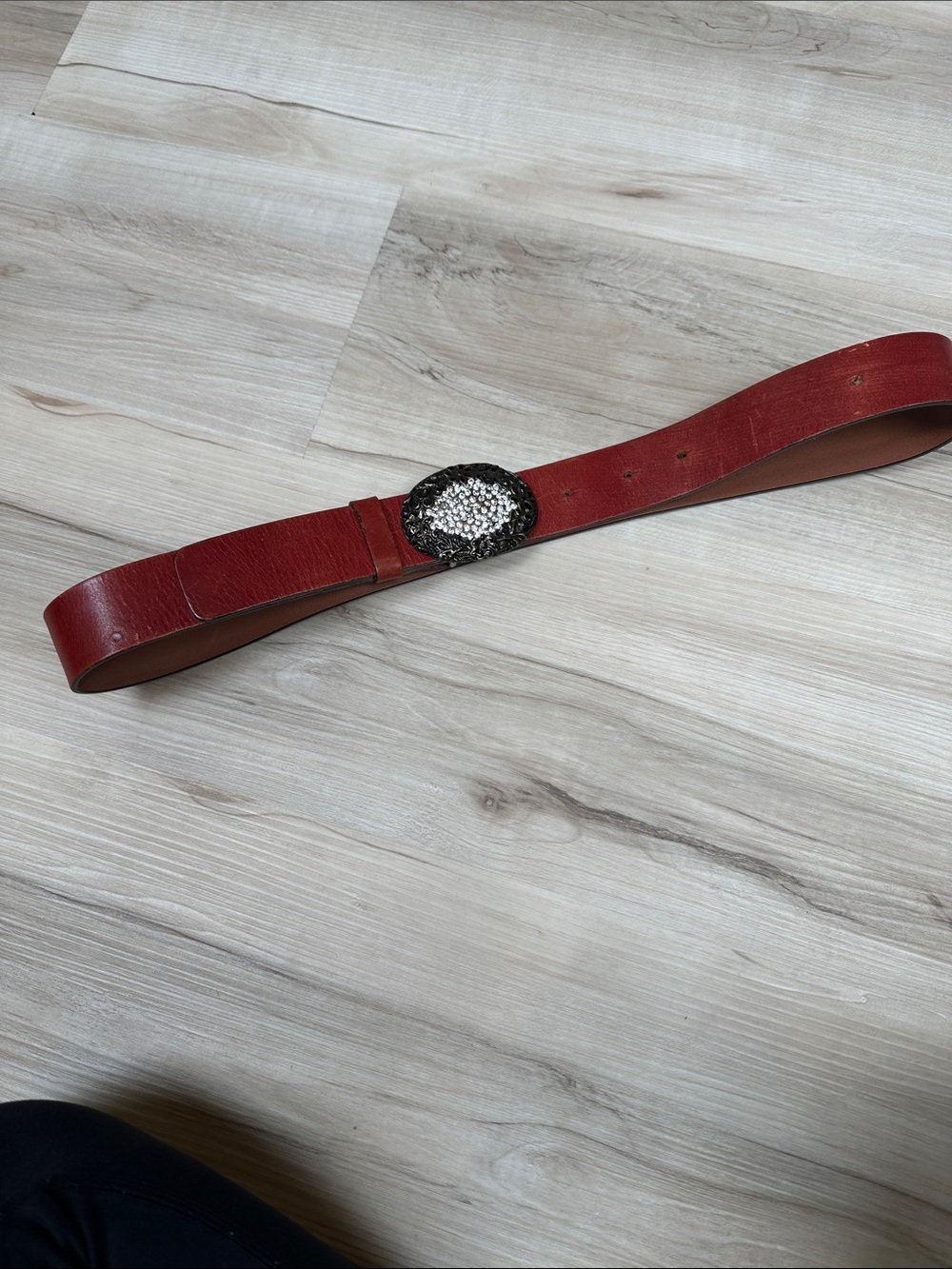 (Med-45in) Red Leather Belt with Crystal Oval Buckle